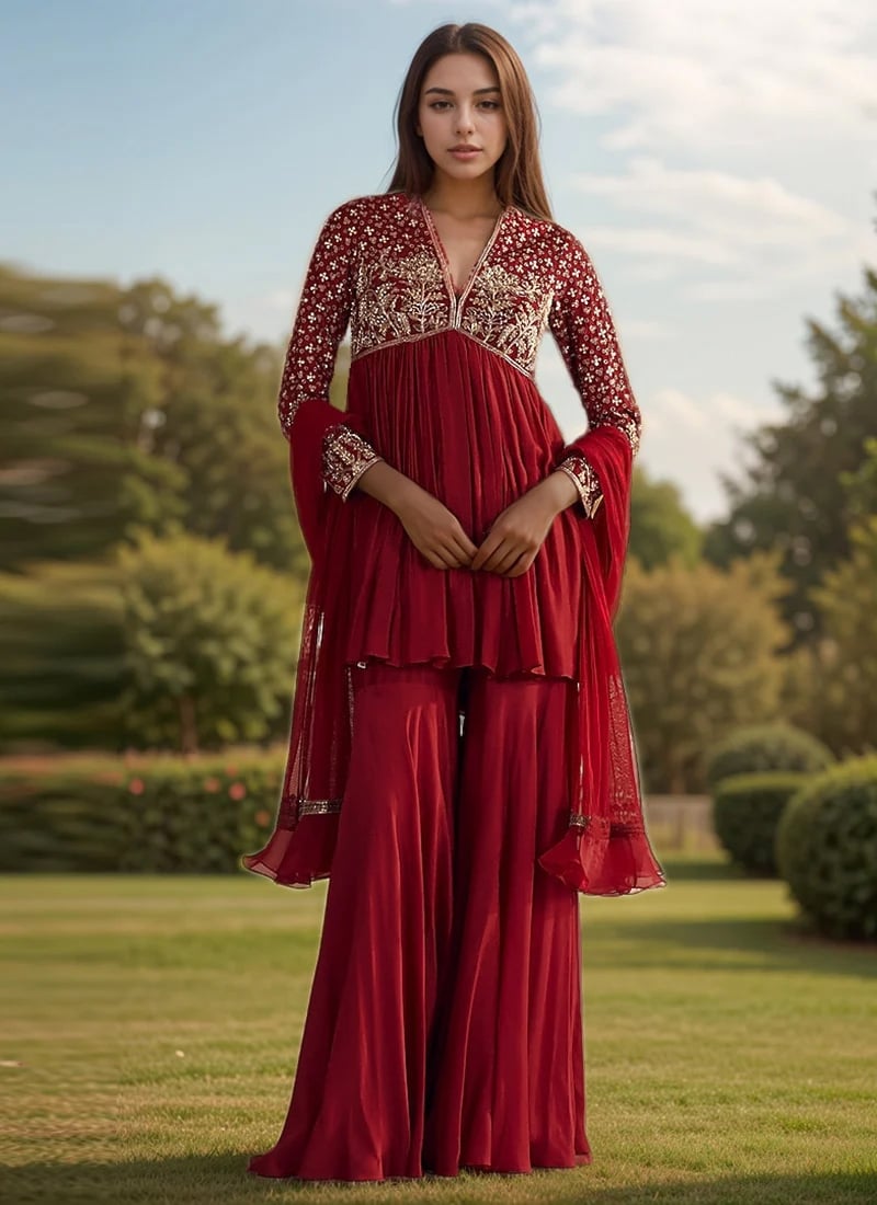 Red Silk Zardosi Hand Embroidered Sharara Suit