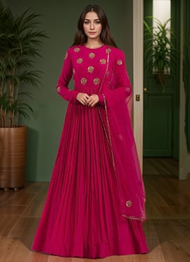 Hot Pink Silk Zardosi Hand Embroidered Anarkali Suit