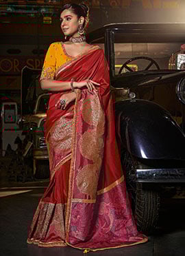 Red Silk Zari And Thread Embroidered Sequins Saree