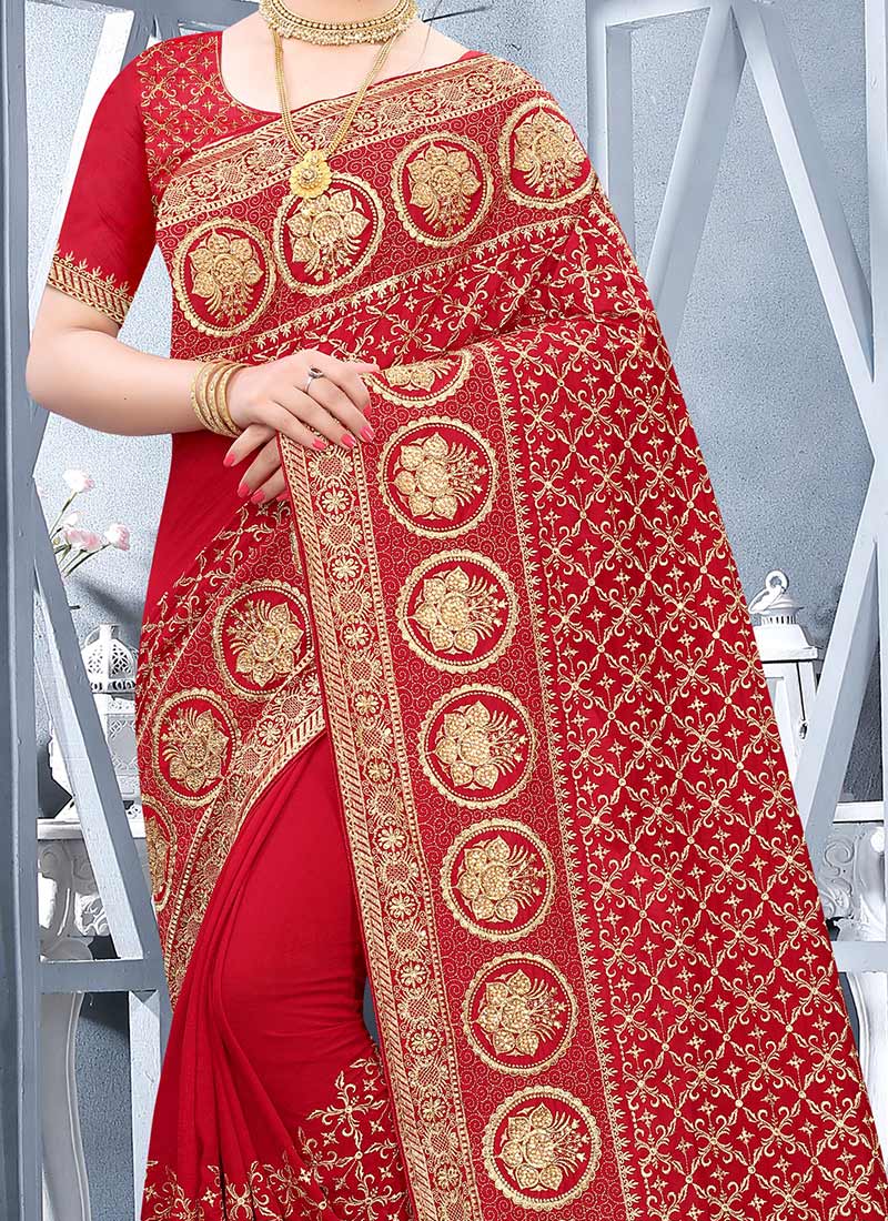 Women Party Wear Designer Soft Silk Red colour Saree with Zari Border Work