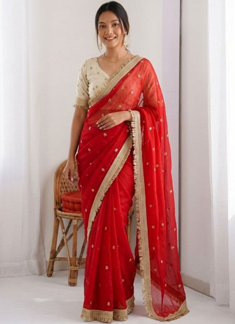 Red Silk Zari Embroidered Saree After Six Wear