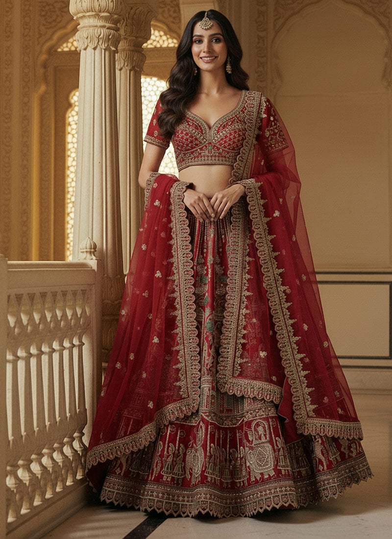 Red Silk Zari Embroidered Sequins Beads Umbrella Lehenga Wedding Wear