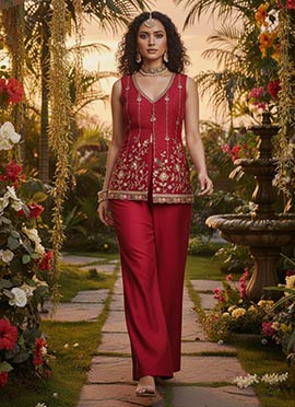 Hot Pink Silk Zari Embroidered Sequins Indowestern Palazzo Set