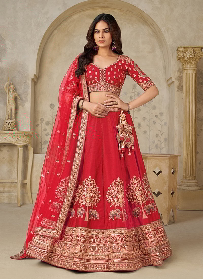 Red Silk Zari Embroidered Sequins Lehenga Choli  Wedding Wear