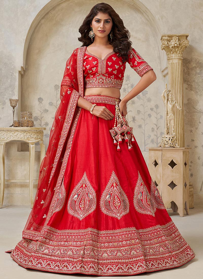 Red Silk Zari Embroidered Sequins Lehenga Choli