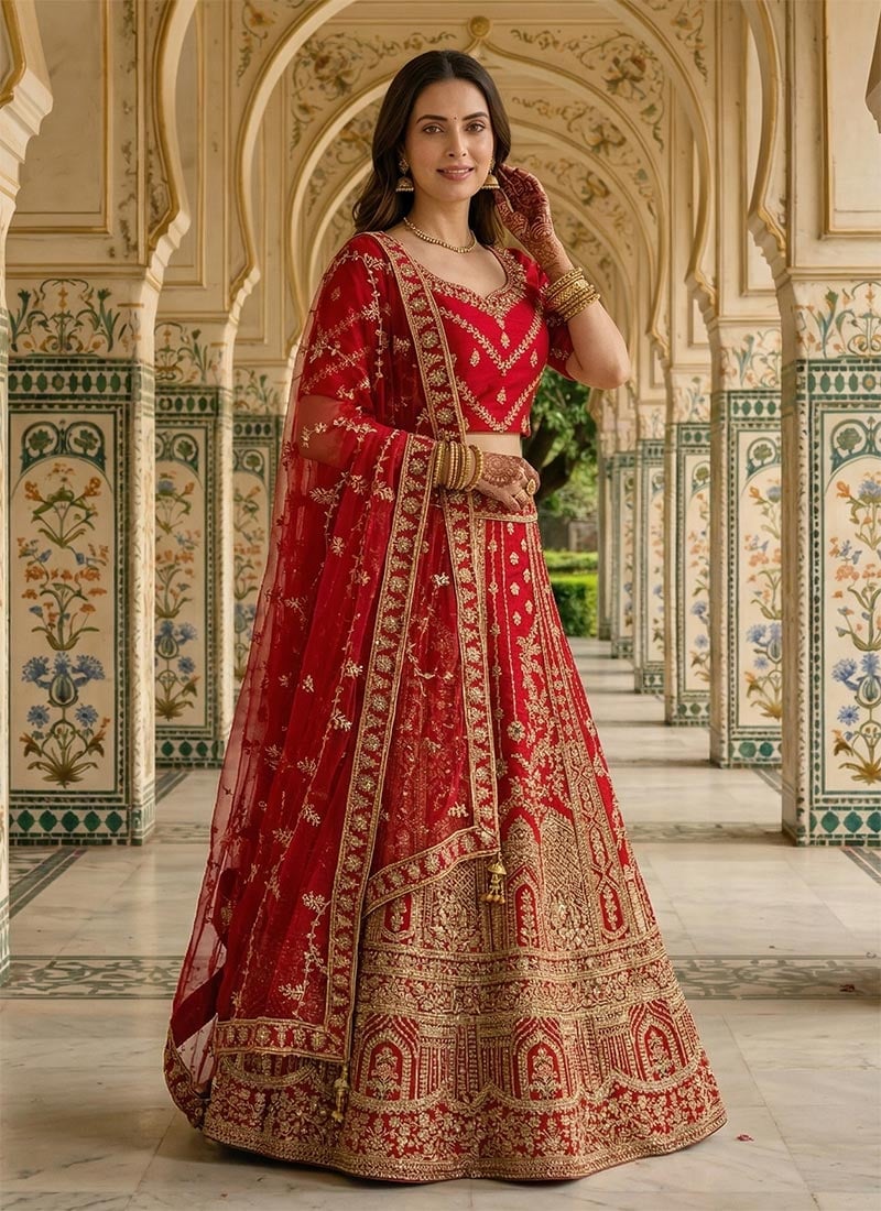 Red Silk Zari Embroidered Sequins Lehenga Wedding Wear