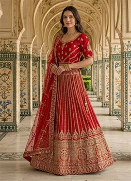 Red Silk Zari Embroidered Sequins Lehenga