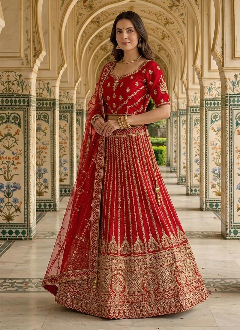 Red Silk Zari Embroidered Sequins Lehenga Wedding Wear