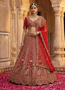 Red Silk Zari Embroidered Sequins Lehenga