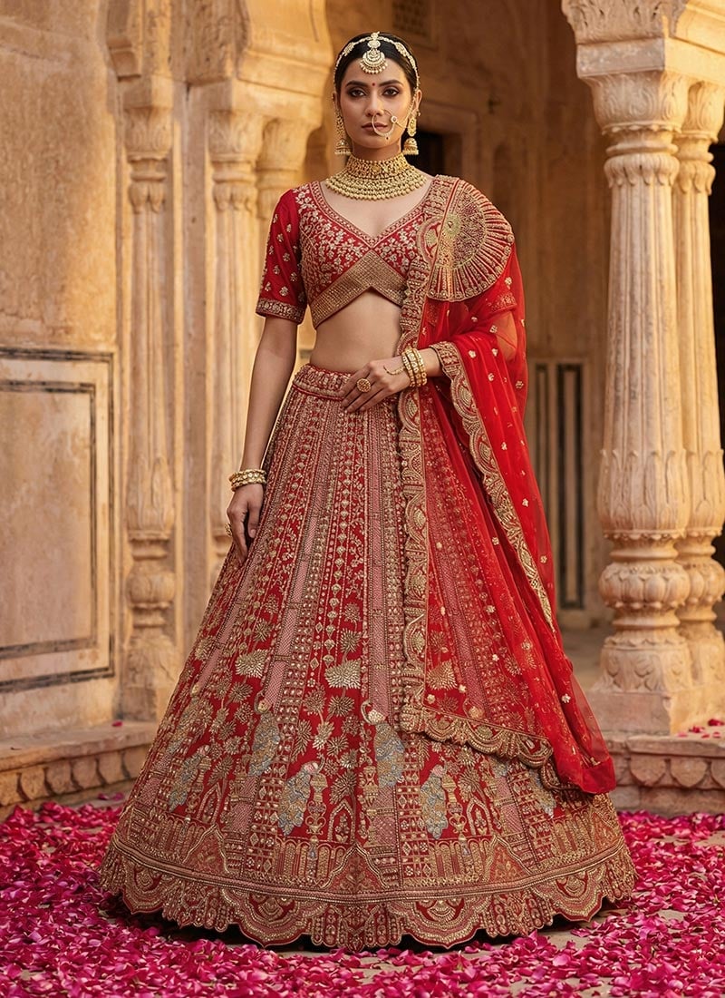 Red Silk Zari Embroidered Sequins Lehenga Wedding Wear