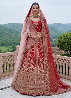 Red Silk Zari Embroidered Sequins Lehenga