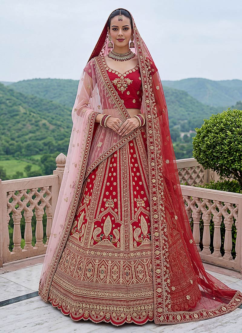 Red Silk Zari Embroidered Sequins Lehenga Wedding Wear