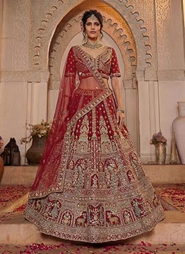 Red Silk Zari Embroidered Sequins Stones Lehenga