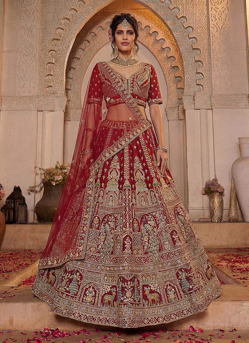 Red Silk Zari Embroidered Sequins Stones Lehenga Wedding Wear