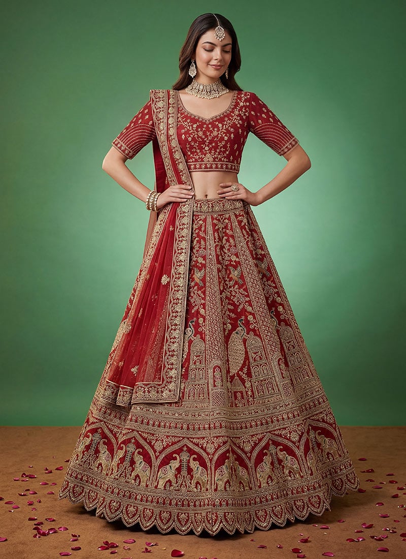 Red Silk Zari Embroidered Sequins Stones Stunning Lehenga Wedding Wear