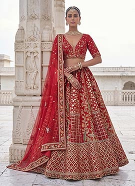 Red Silk Zari Embroidered Sequins Stones Work Lehenga