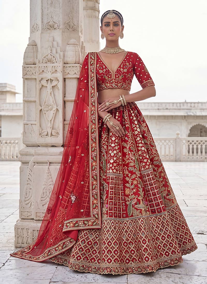 Red Silk Zari Embroidered Sequins Stones Work Lehenga Wedding Wear