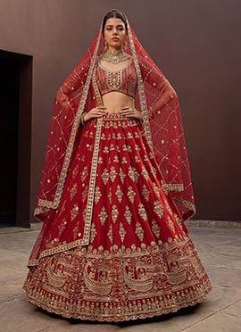 Red Silk Zari Hand Embroidered Sequins Lehenga