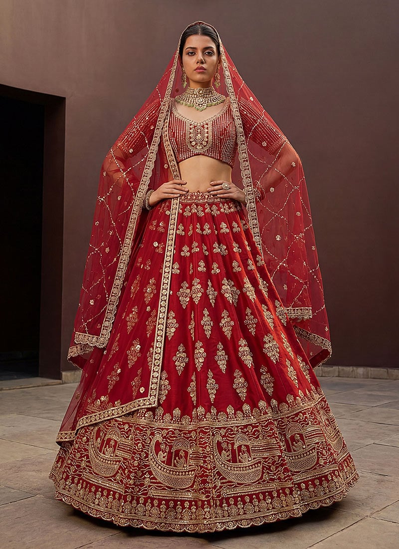 Red Silk Zari Hand Embroidered Sequins Lehenga Wedding Wear