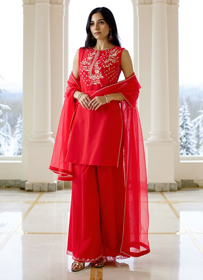 Red Silk Zari Hand Embroidered Sequins Palazzo Suit Festive Wear