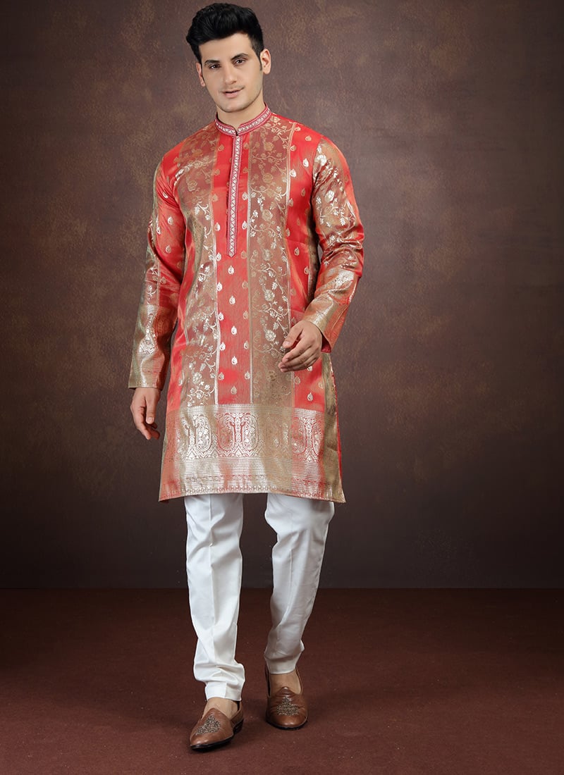 Red Silk Zari Kurta Pyjama Festive Wear