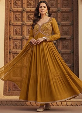 Red Silk Zari Resham Embroidered Anarkali Suit