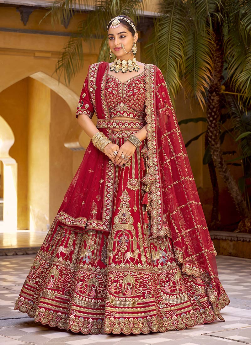 Red Silk Zari Resham Stones Mirror Work Cut Work Umbrella Lehenga