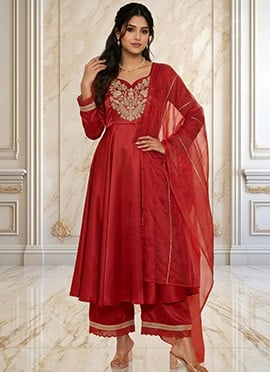 Red Silk Zari Sequins Anarkali Suit