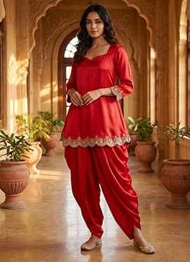 Red Silk Zari Sequins Dhoti Set