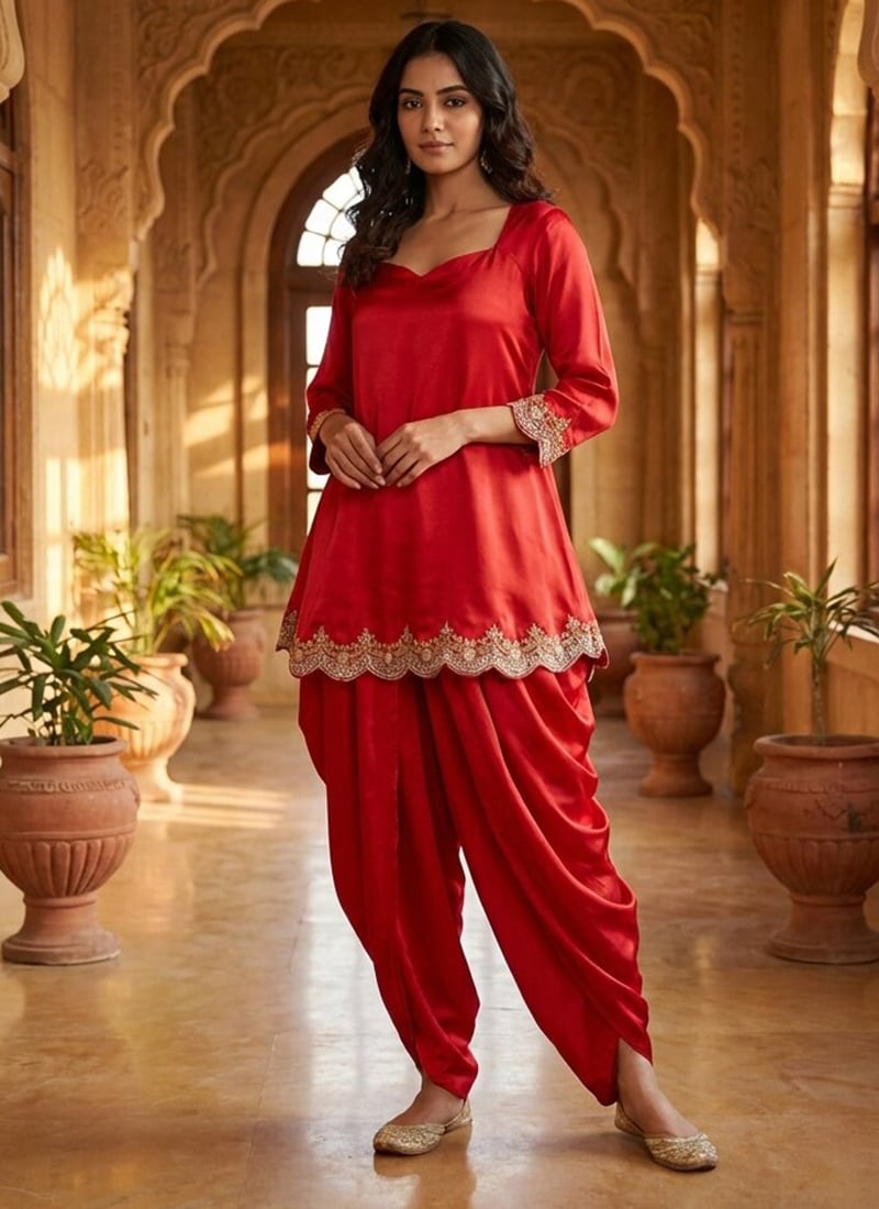 Red Silk Zari Sequins Dhoti Set Festive Wear