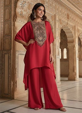 Red Silk Zari Sequins Embroidered Indowestern Set
