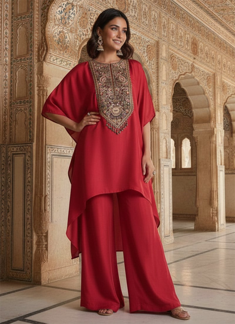 Red Silk Zari Sequins Embroidered Indowestern Set After Six Wear