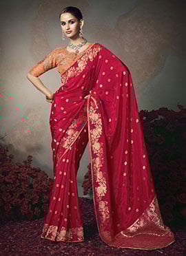 Red Silk Zari Sequins Embroidered Jacquard Saree