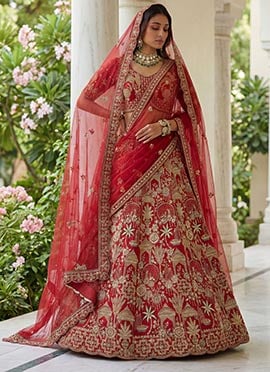 Red Silk Zari Sequins Embroidered Stones Thread Umbrella Lehenga