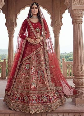 Red Silk Zari Sequins Embroidered Stones Thread Umbrella Lehenga