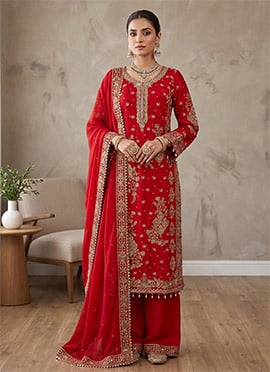 Red Silk Zari Sequins Embroidered With Beads Work Palazzo Suit