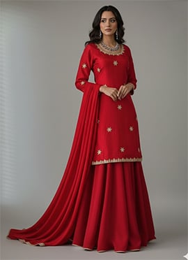 Red Silk Zari Sequins Hand Embroidered A Line Lehenga