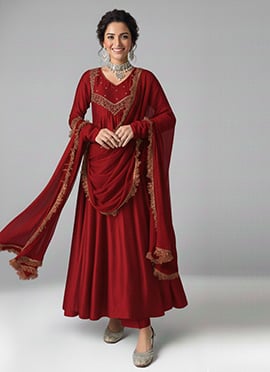 Red Silk Zari Sequins Hand Embroidery Anarkali Suit