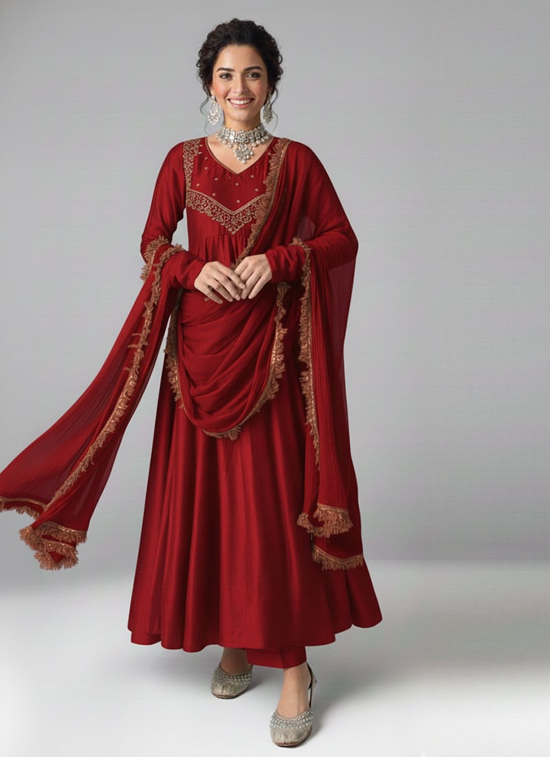 Red Silk Zari Sequins Hand Embroidery Anarkali Suit Festive Wear