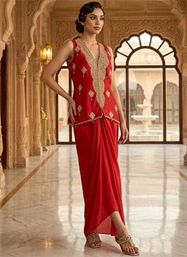 Red Silk Zari Sequins Indowestern Skirt Set