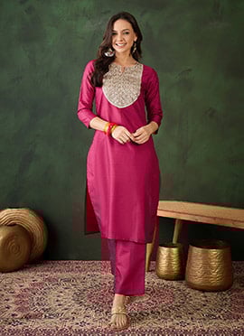 Red Silk Zari Sequins Kurta Straight Pant Set