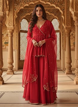 Red Silk Zari Sequins Stone Work Palazzo Suit