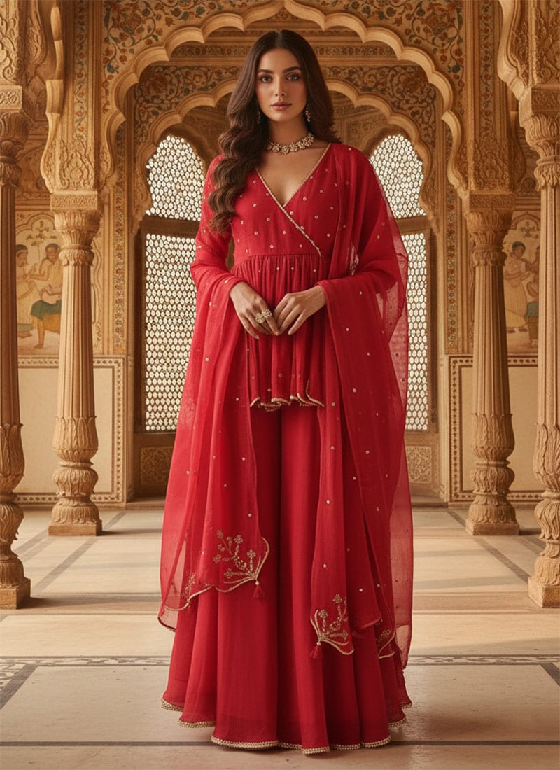 Red Silk Zari Sequins Stone Work Palazzo Suit Festive Wear