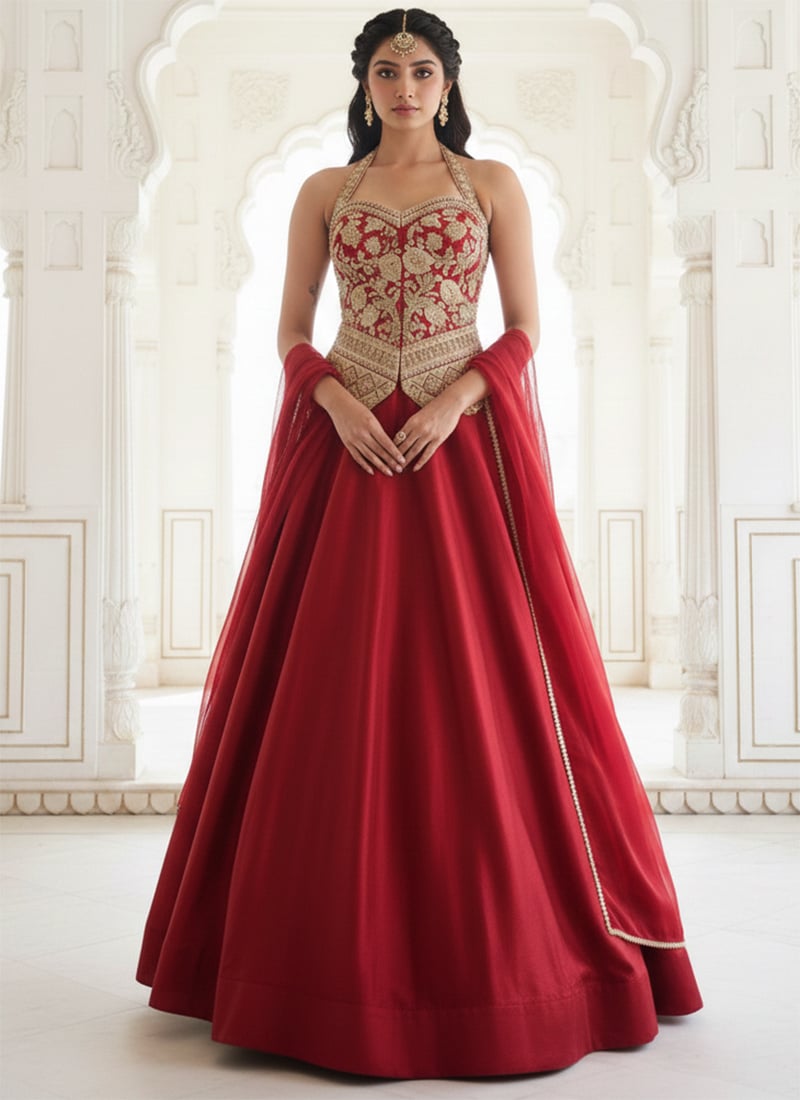 Red Silk Zari Sequins Umbrella Lehenga Wedding Wear