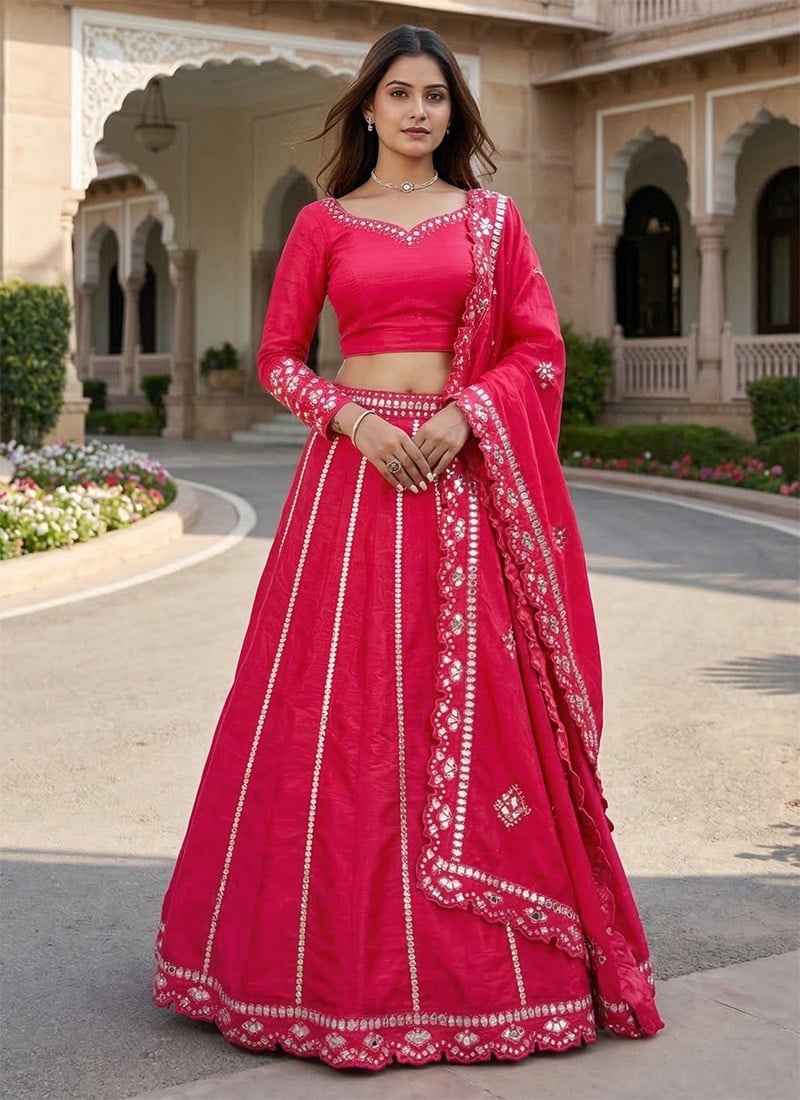 Red Slub Silk Embroidered Foil Mirror Work Lehenga Wedding Wear