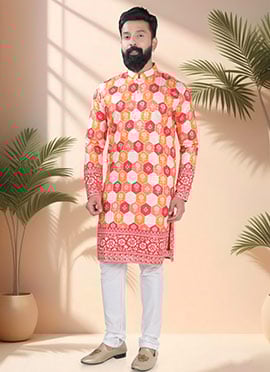 Red Soft Cotton Embroidered Sequins And Printed Kurta Pyjama