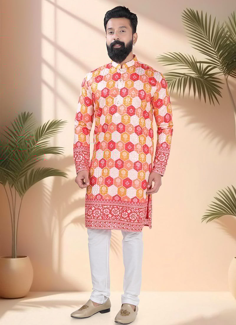 Red Soft Cotton Embroidered Sequins And Printed Kurta Pyjama Festive Wear