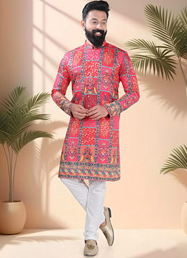 Red Soft Cotton Embroidered Sequins And Printed Kurta Pyjama
