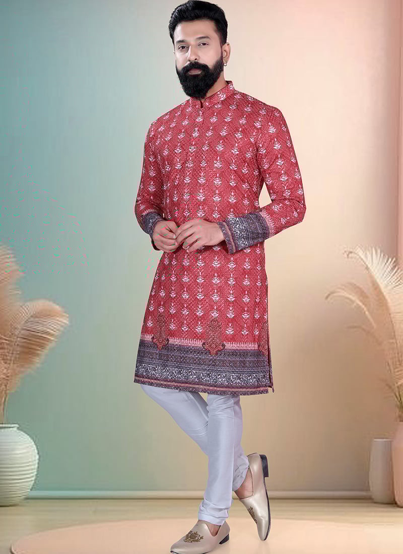 Red Soft Cotton Thread Embroidered Sequins Printed Kurta Pyjama