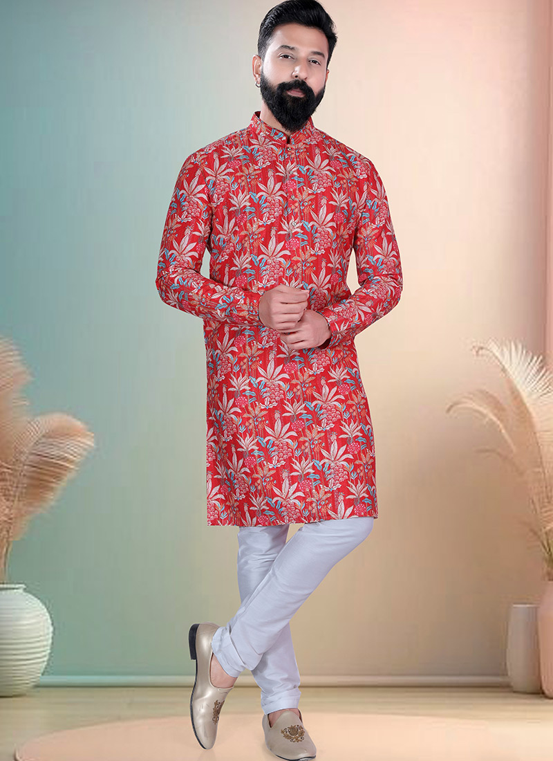Red Soft Cotton Thread Embroidered Sequins Printed Kurta Pyjama